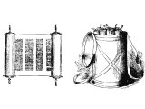 Scroll opened for reading, and scrolls rolled up, stored in a container.